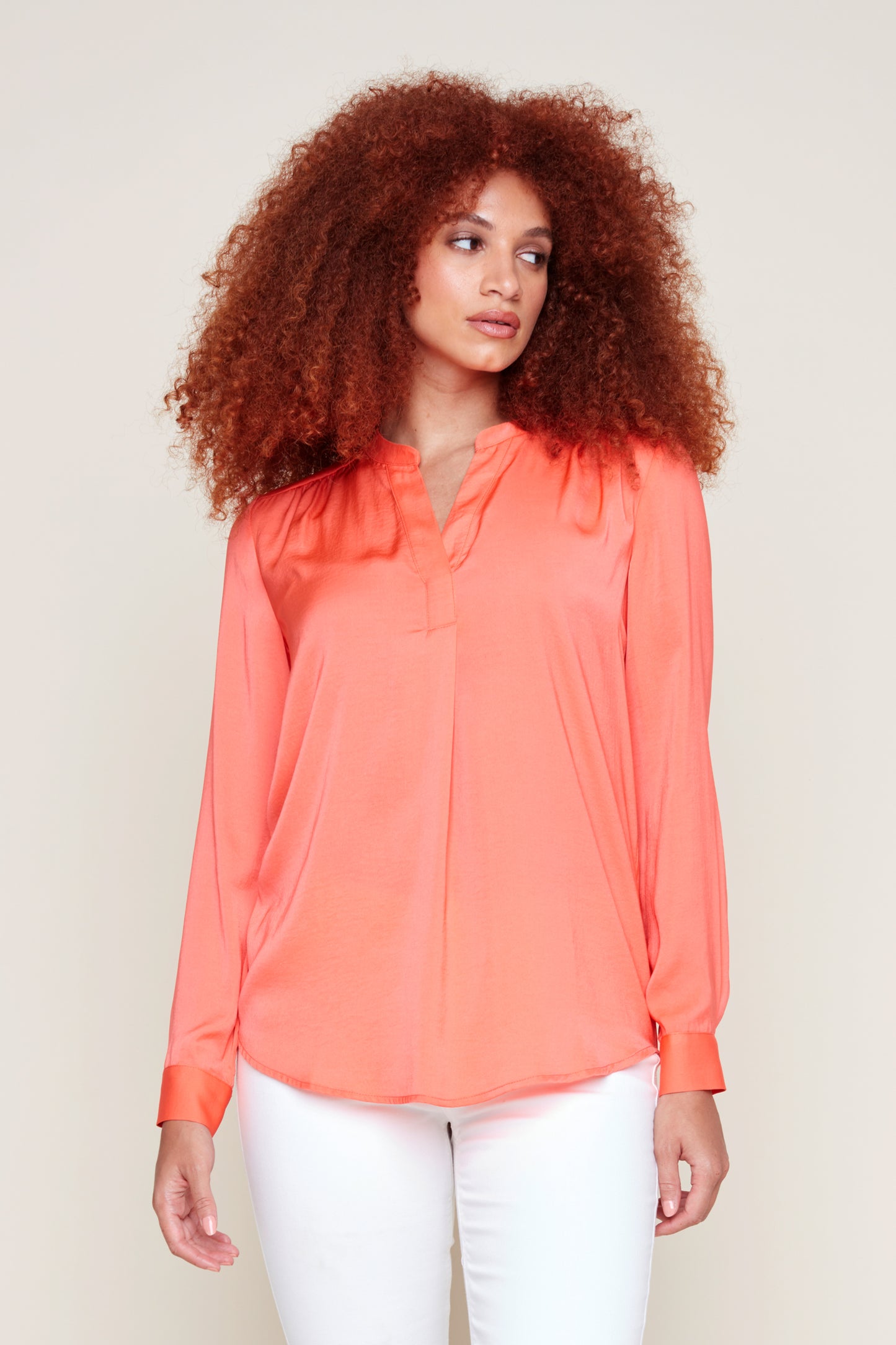 Renuar Woven Blouse Band Collar Papaya