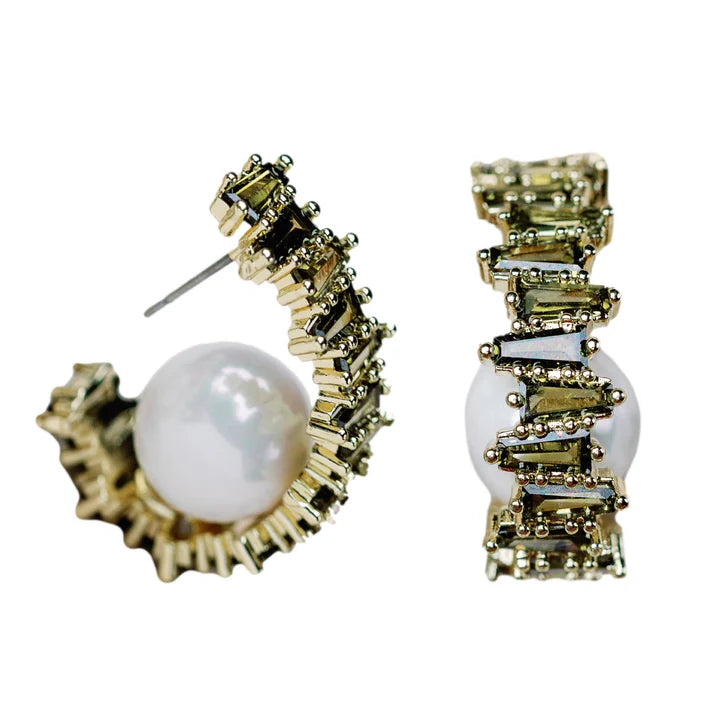 St. Armands Designs Green Rhinestone and Pearl Statement Hoop Earrings