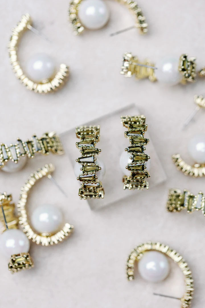 St. Armands Designs Green Rhinestone and Pearl Statement Hoop Earrings