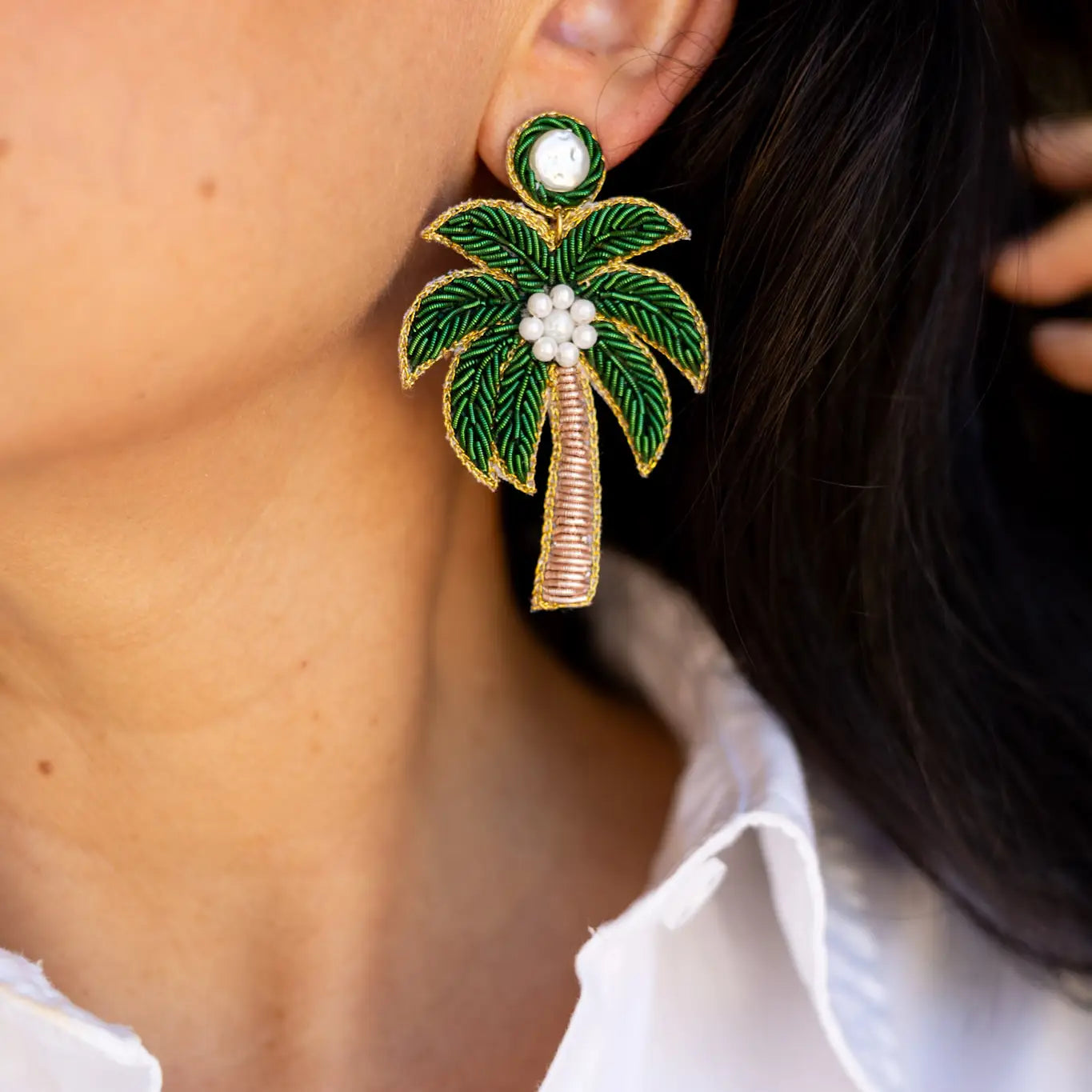 Green Palm Tree Beaded Earrings