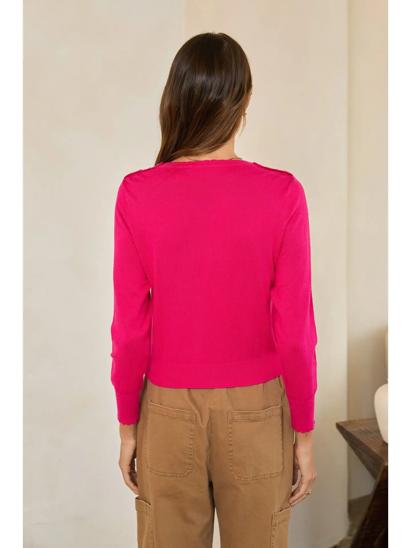 Gold-Button Scalloped Crewneck Knit Sweater - Fuchsia