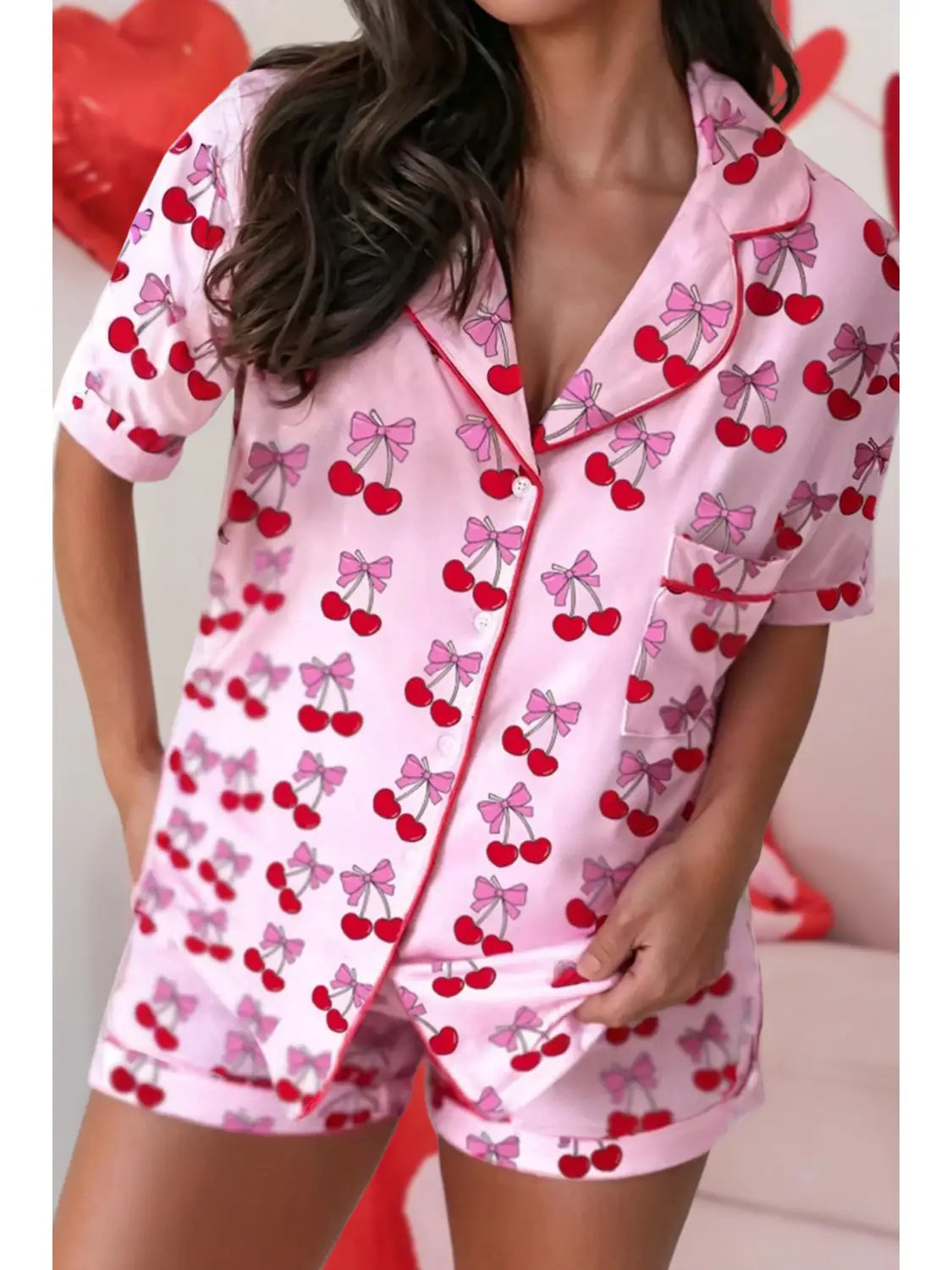 Valentine Cherry & Bow Pajama Shorts Set