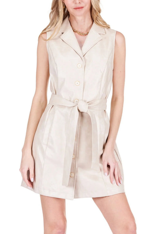 Joy Joy Vegan Leather Sleeveless Dress - Sand