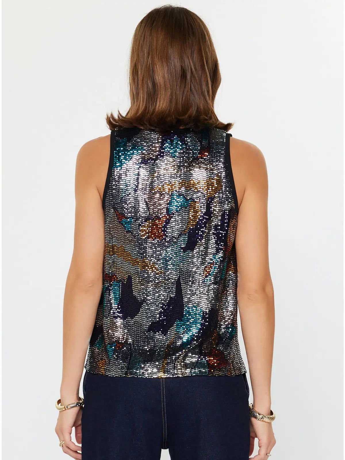 Current Air Metallic Abstract Sequin Top - Black Multi
