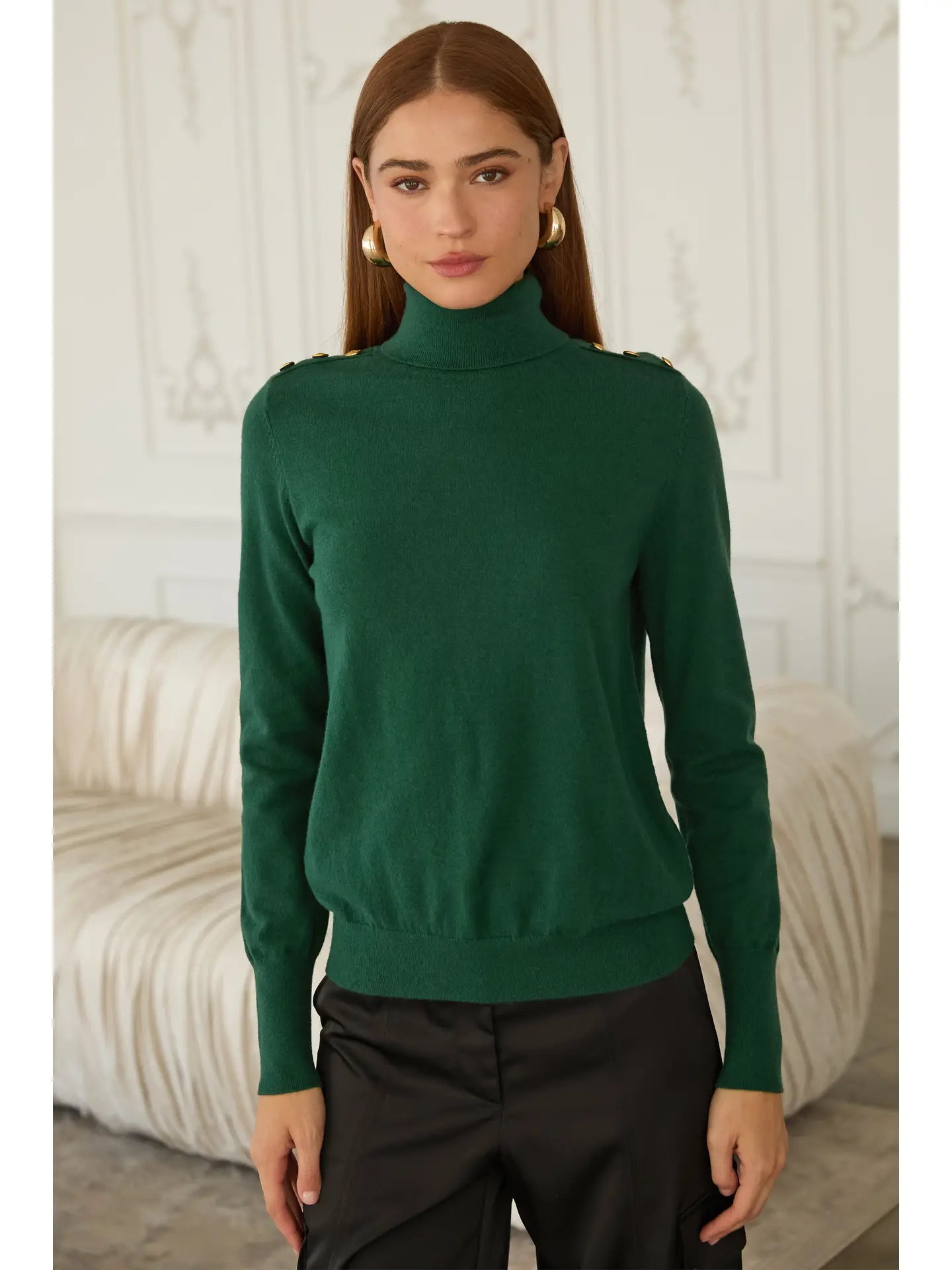 EAB Favorites Turtleneck Sweater w/ Button Detail - Hunter Green