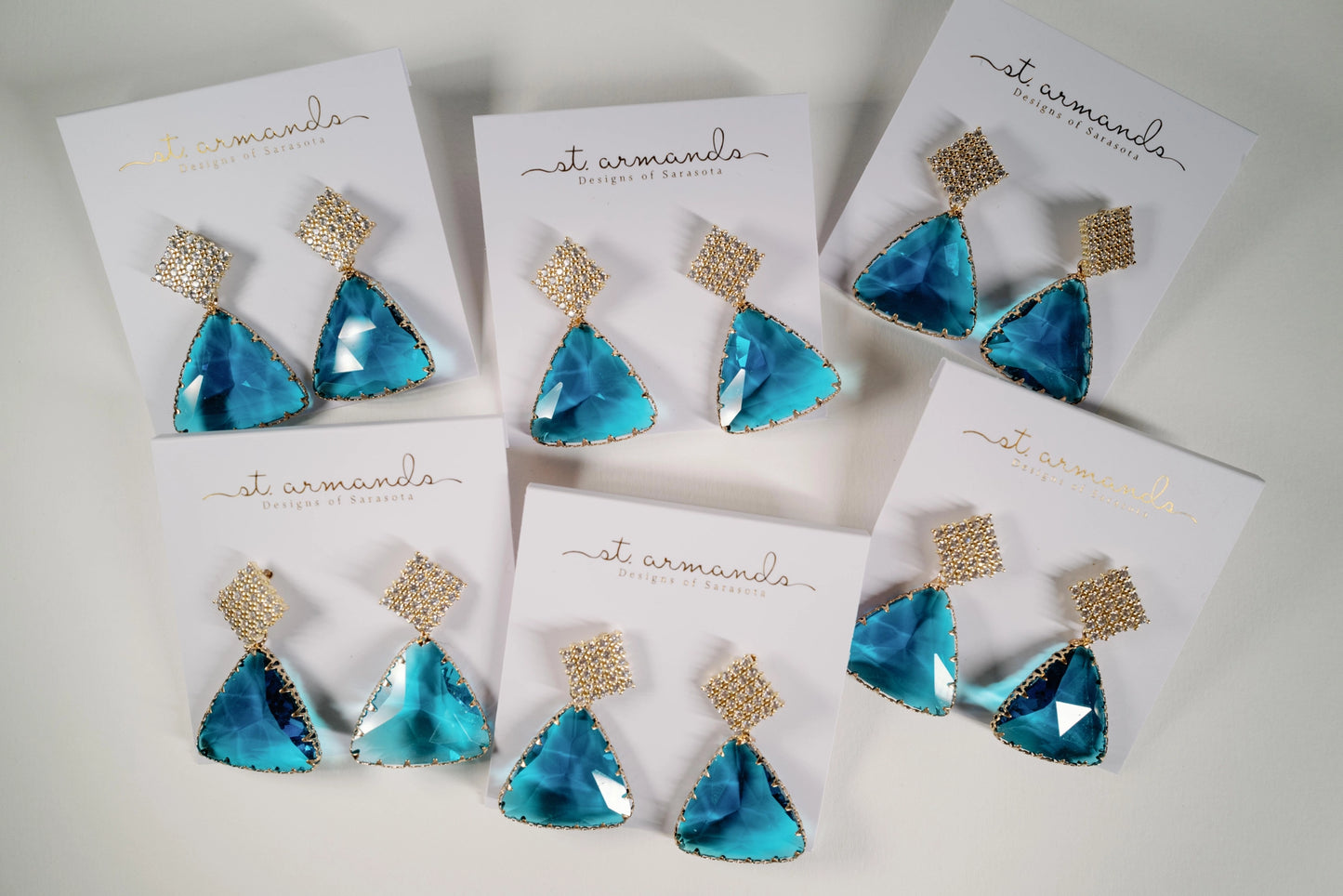 St Armands Capri Blue Pave Triangle Crystal Drop Statement Earrings