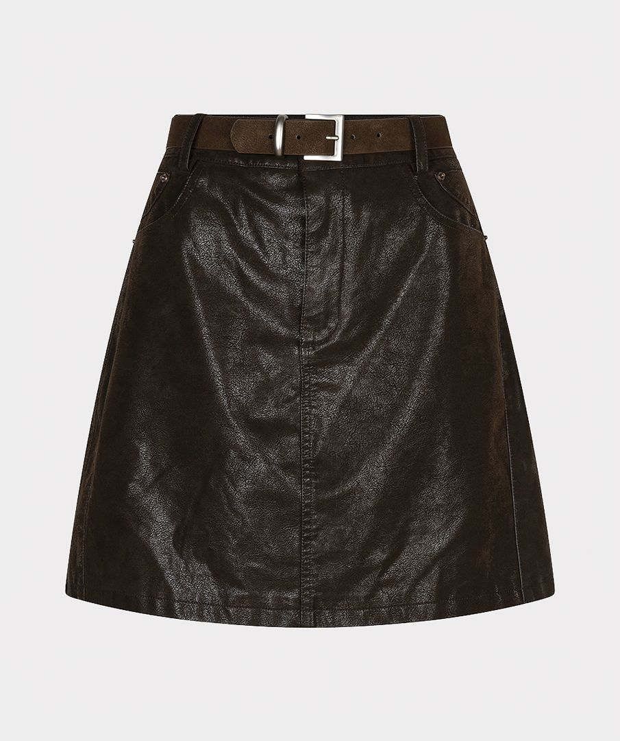 Esqualo Pleather Distressed Skirt with Belt - Cacao