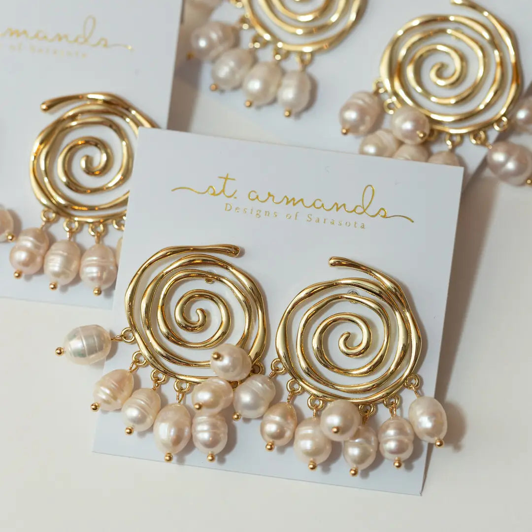 St Armand's Golden Swirl Pearl Drop Statement Earrings