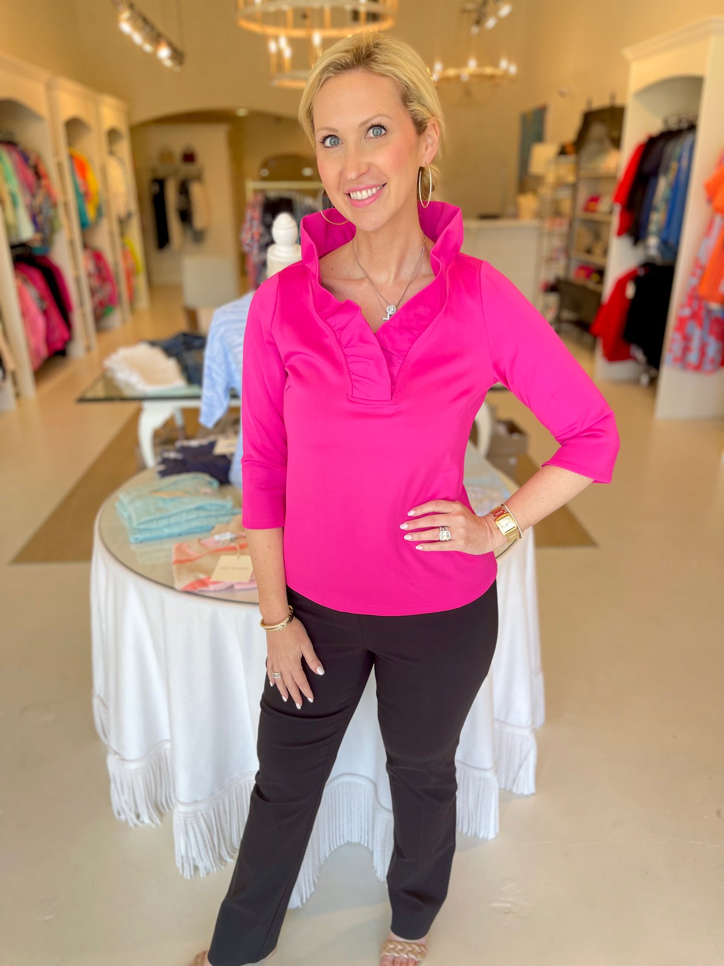 Gretchen Scott Ruffneck Top 3/4 Sleeve - Pink