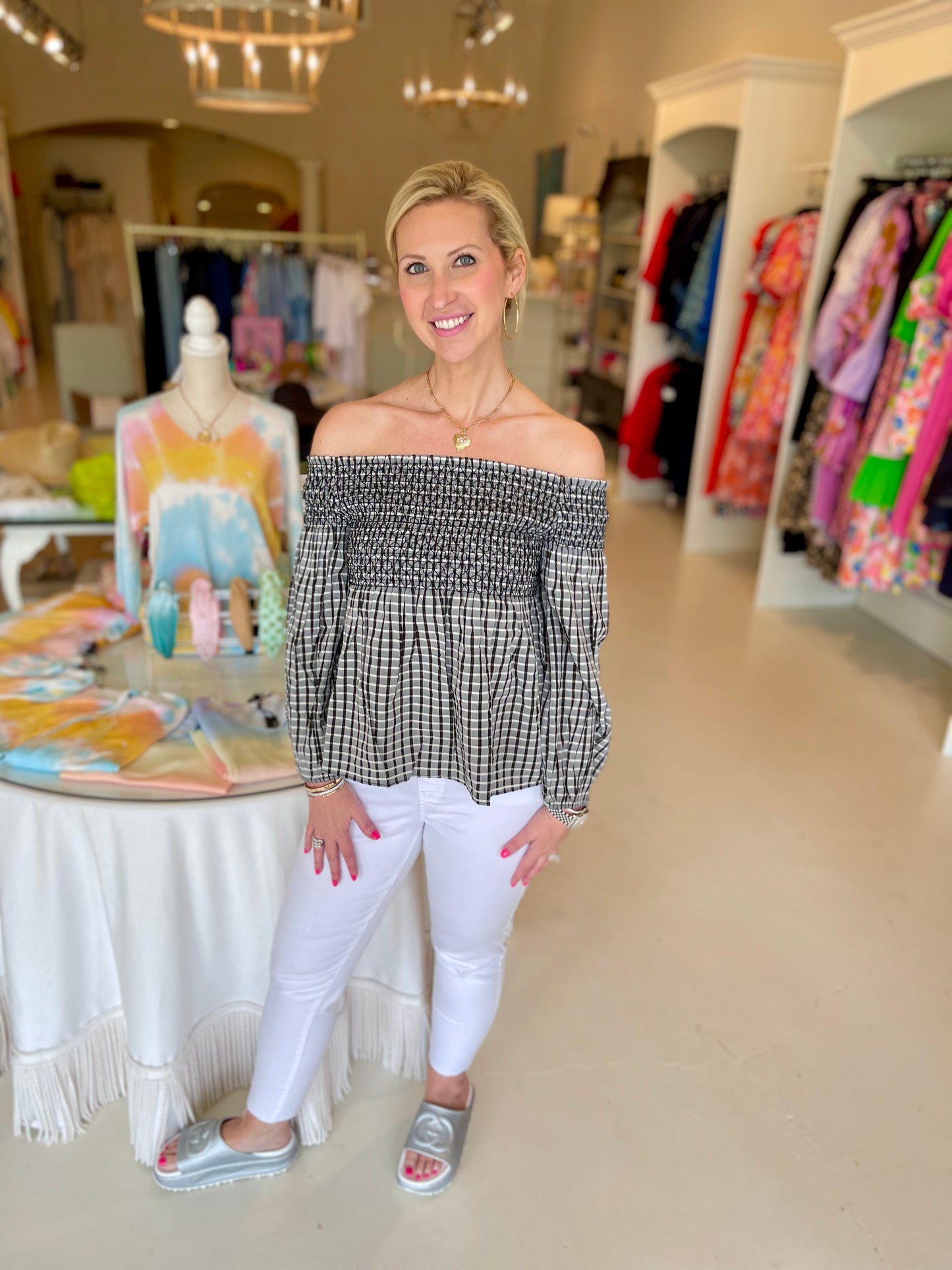 Jade Black Checker Smocked Top