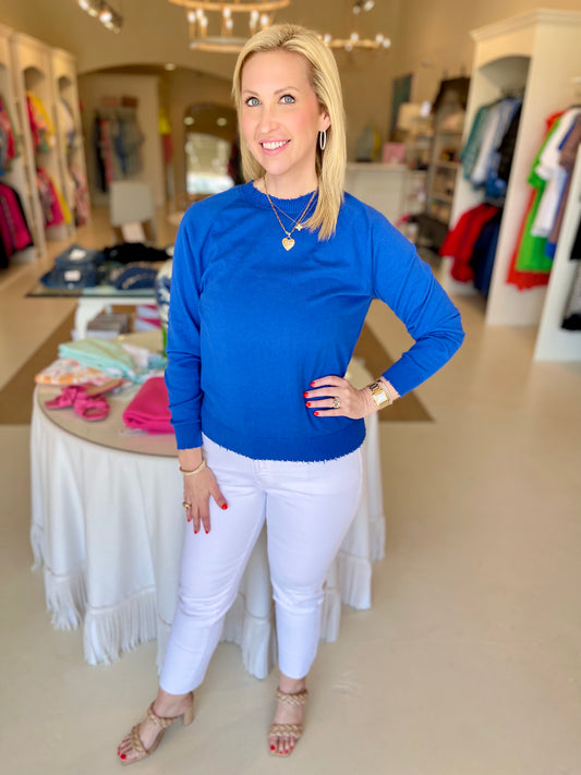 Minnie Rose Fine Cotton/Cashmere Frayed Edge Crew