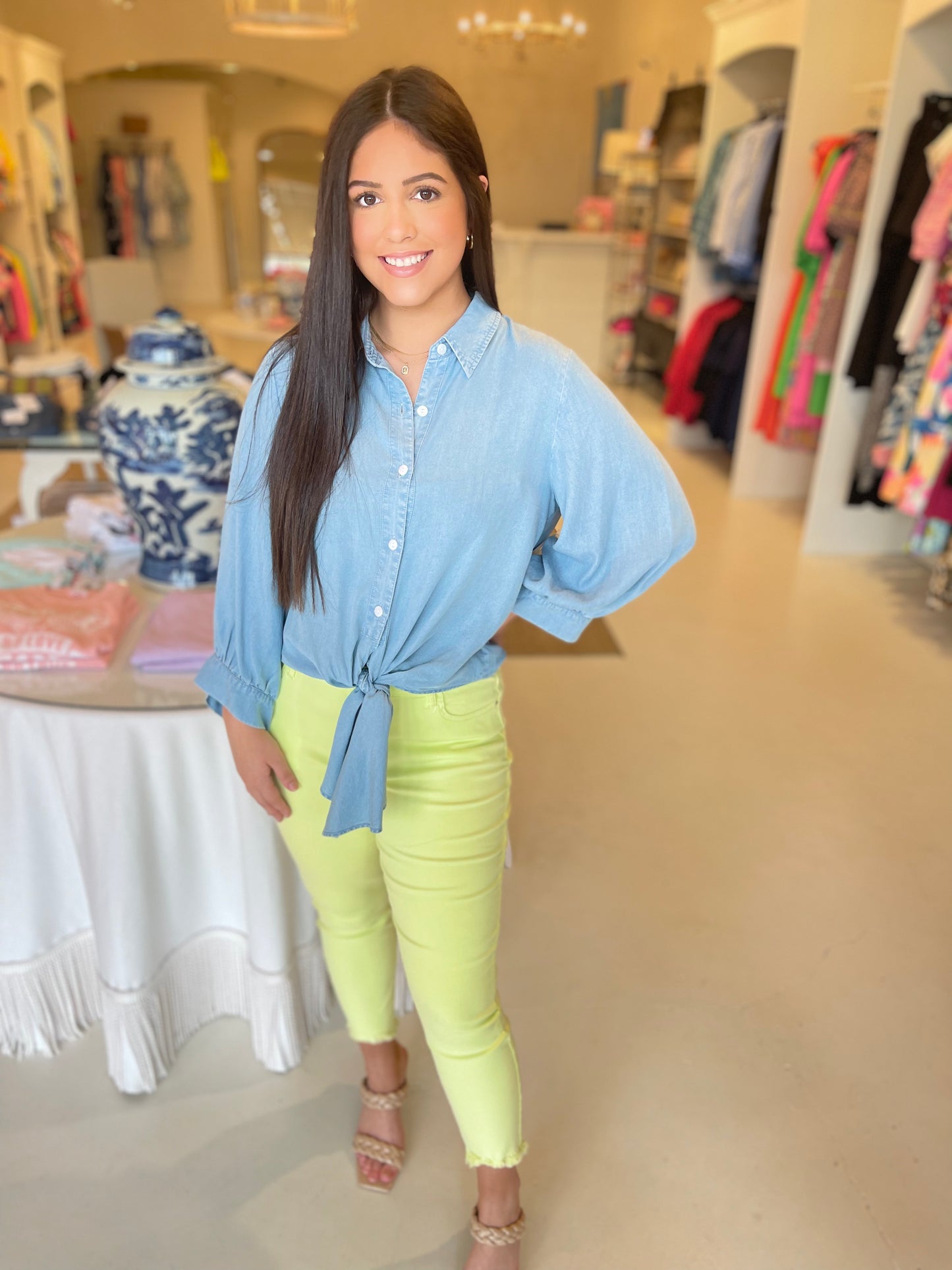 Karen Kane Tie Front Top - Denim