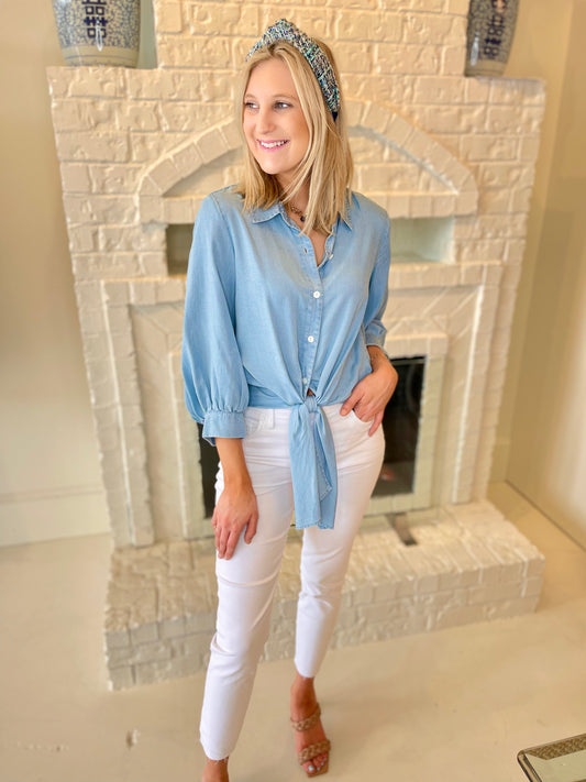 Karen Kane Tie Front Top - Denim