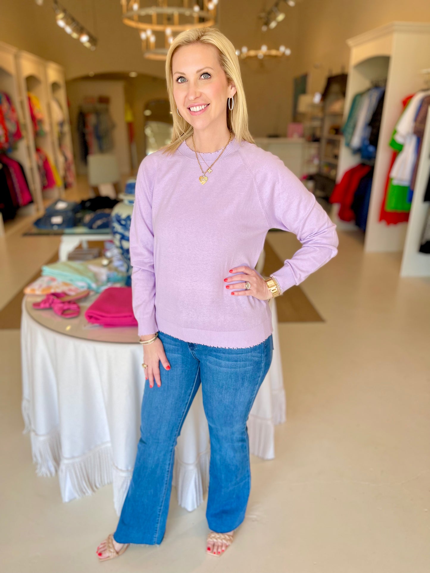 Minnie Rose Fine Cotton/Cashmere Frayed Edge Crew