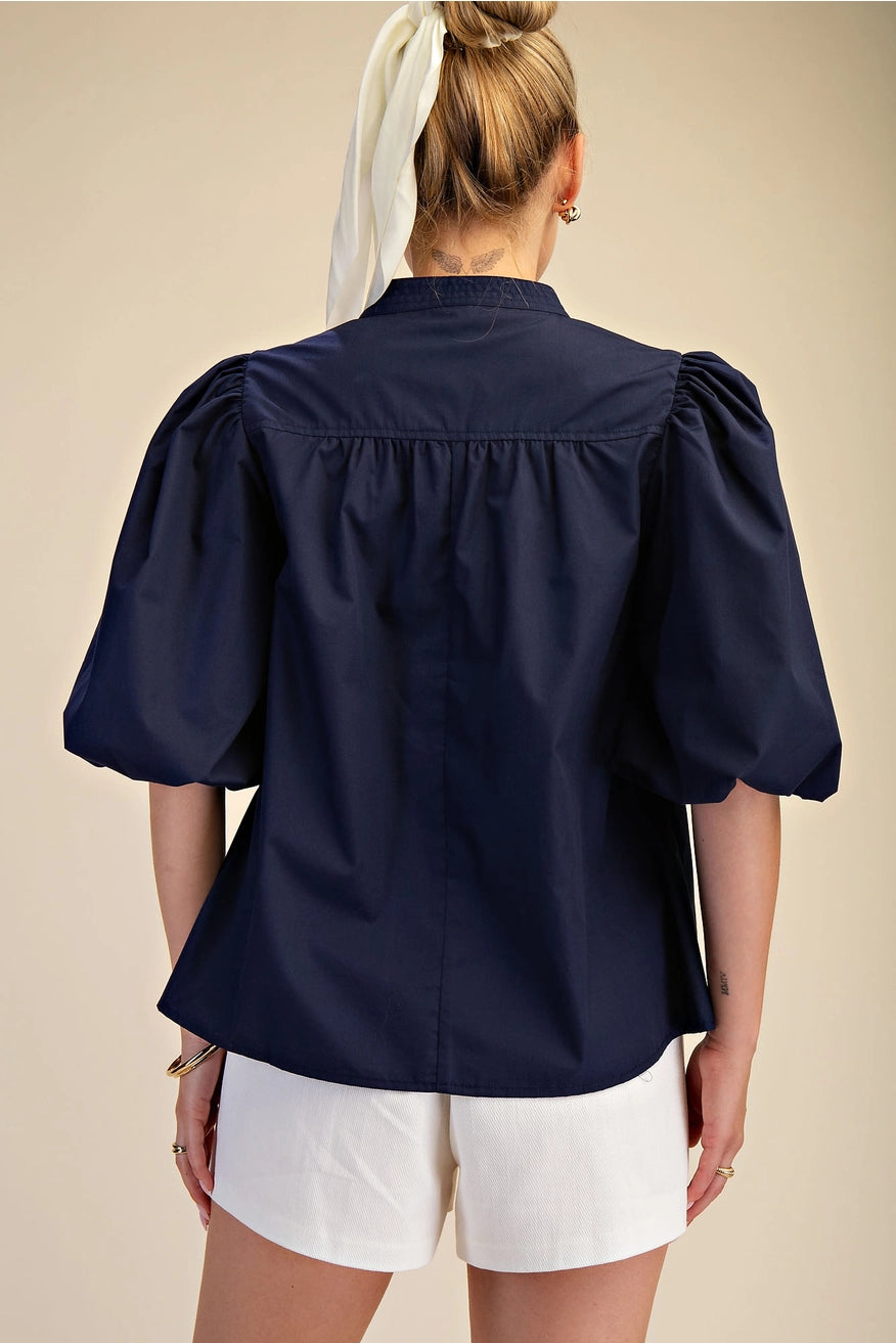 V-Neck Bubble Sleeve Poplin Top