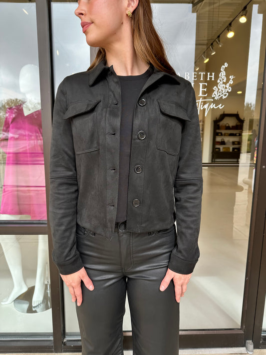 KUT Yara Button Front Suede Jacket w/ Patch Pockets-Black