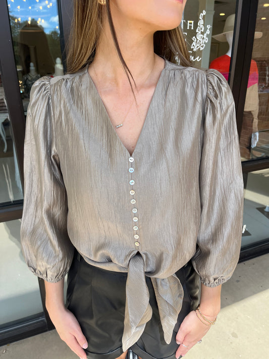 Joy Joy Tie Front Top-Taupe