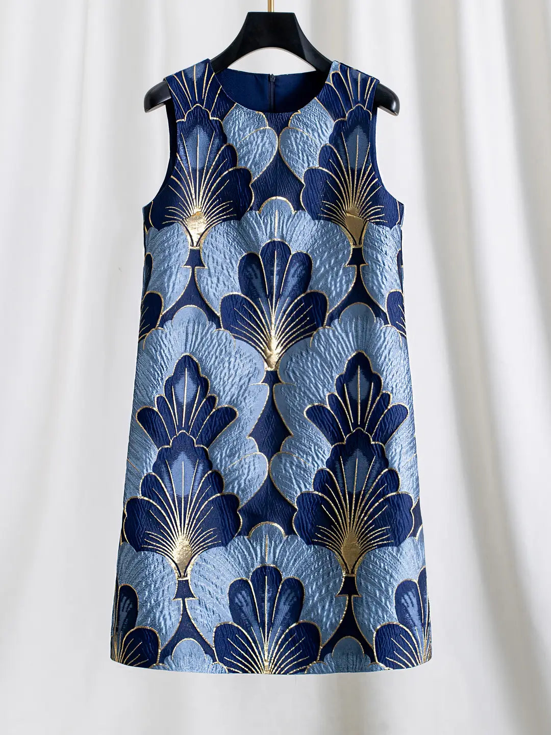 Jacquard Sleeveless Elegant Mini Dress - Blue/Gold