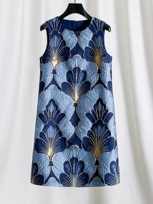 Jacquard Sleeveless Elegant Mini Dress - Blue/Gold
