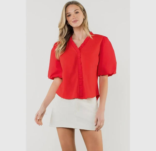 EAB Favorites Ruffle Trim Poplin Puff Sleeve Top