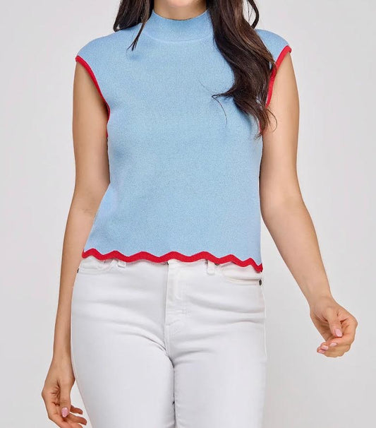 EAB Favorites Powder Blue Scalloped Hem Sweater w/ Red Accents