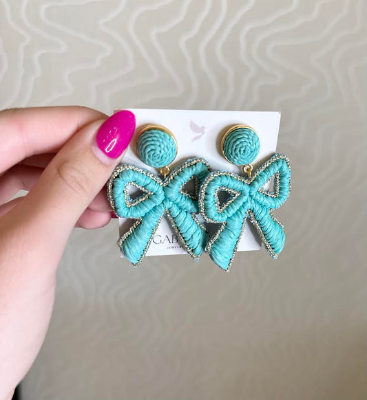 Turquoise Bow Raffia Earrings
