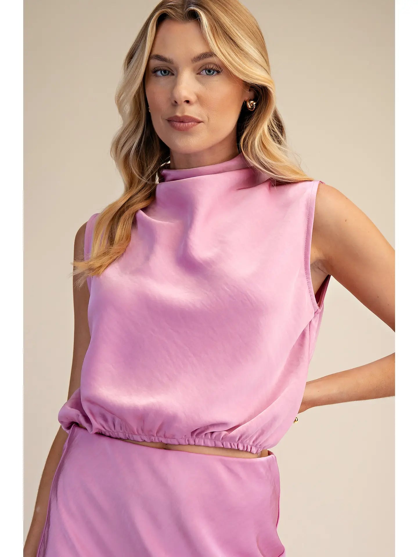Draping High-Neck Sleeveless Top - Pink
