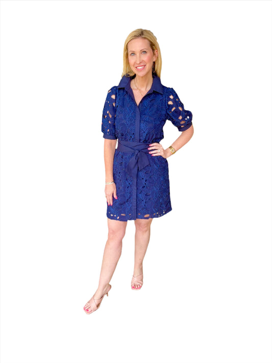 Jade Navy Placket Lace Shirt Dress