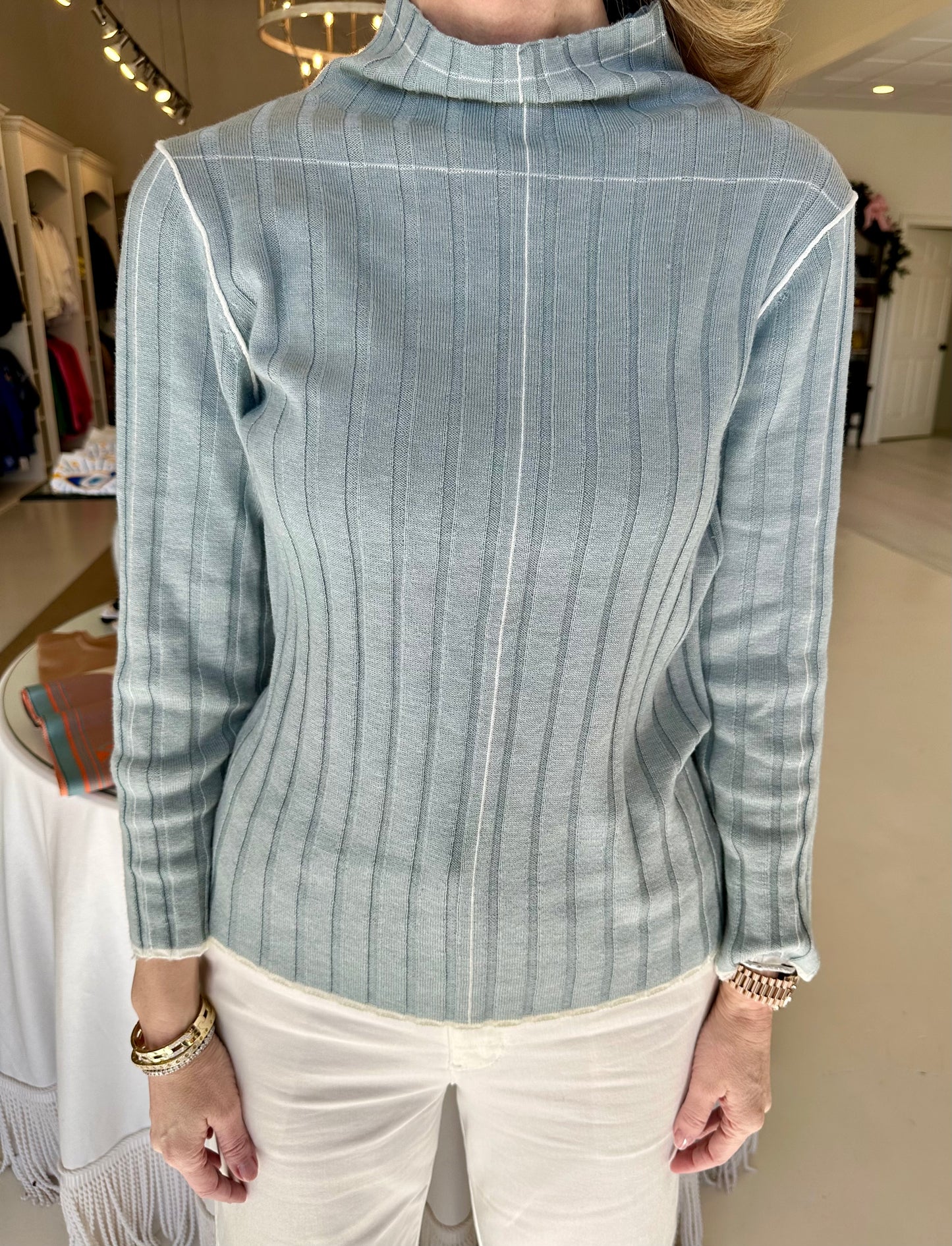 Iceberg Blue Ribbed Knit High Neck Sweater