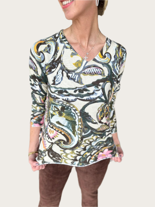 Charlie B Printed Peacock V-Neck Sweater