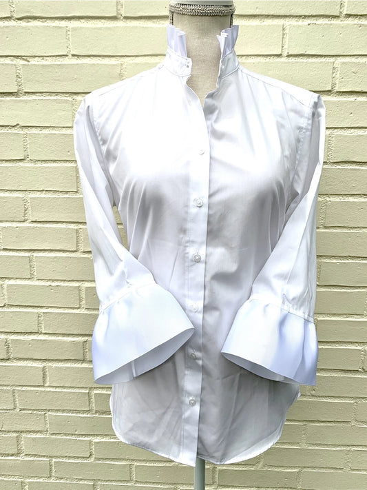 Pearly Vine Poplin Ribbon Trim 3/4 Sleeve - White