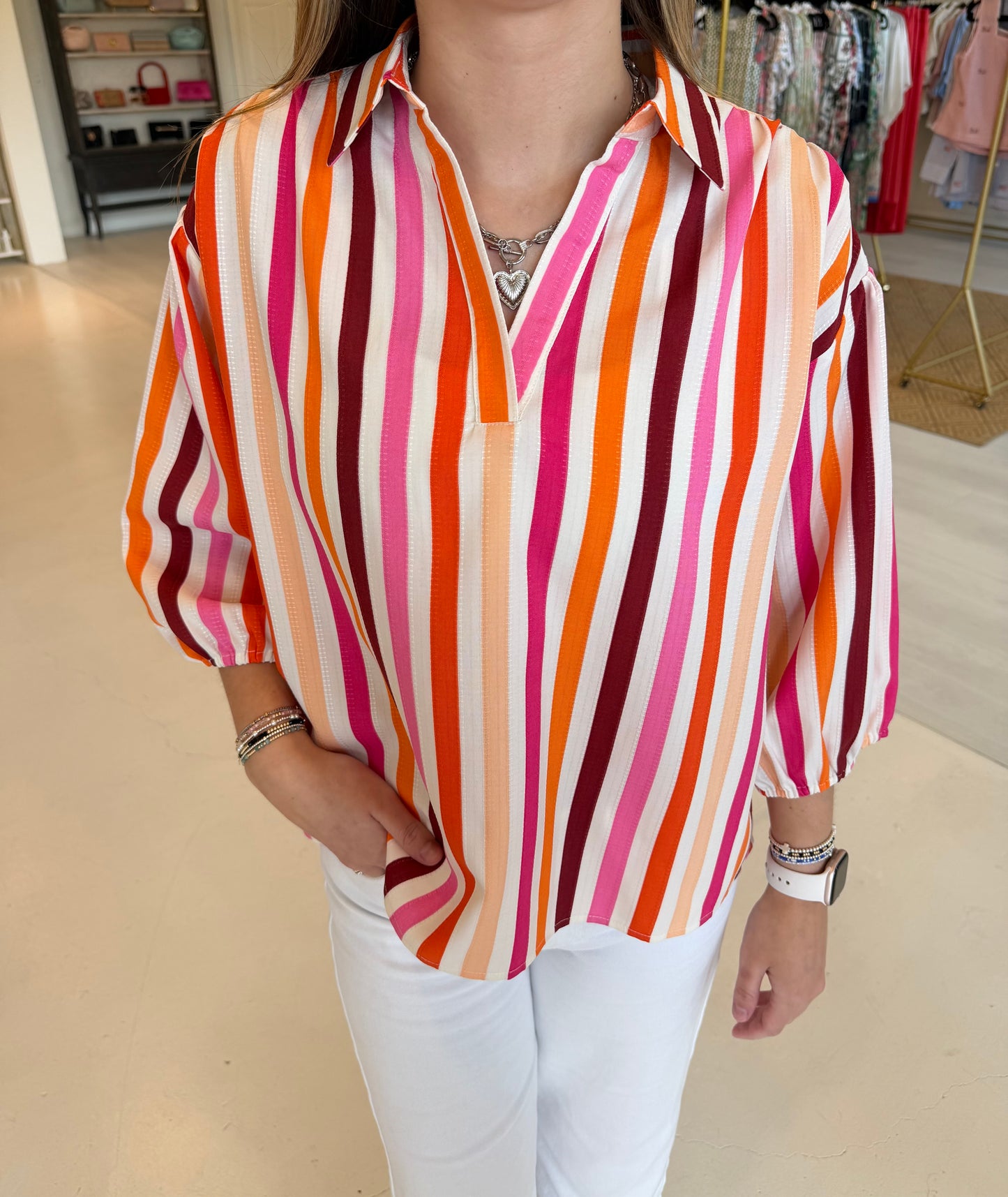 Joy Joy Collar Top- Rose Stripe