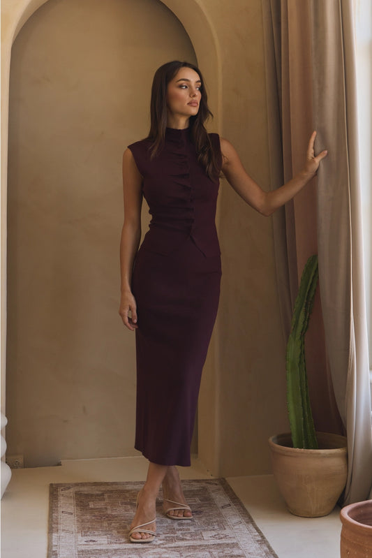 Pleated Front Top & Skirt Set - Burgundy