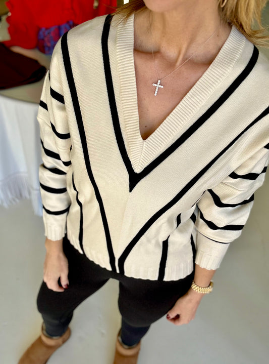 Black and White Striped V Neck Dolman Sweater