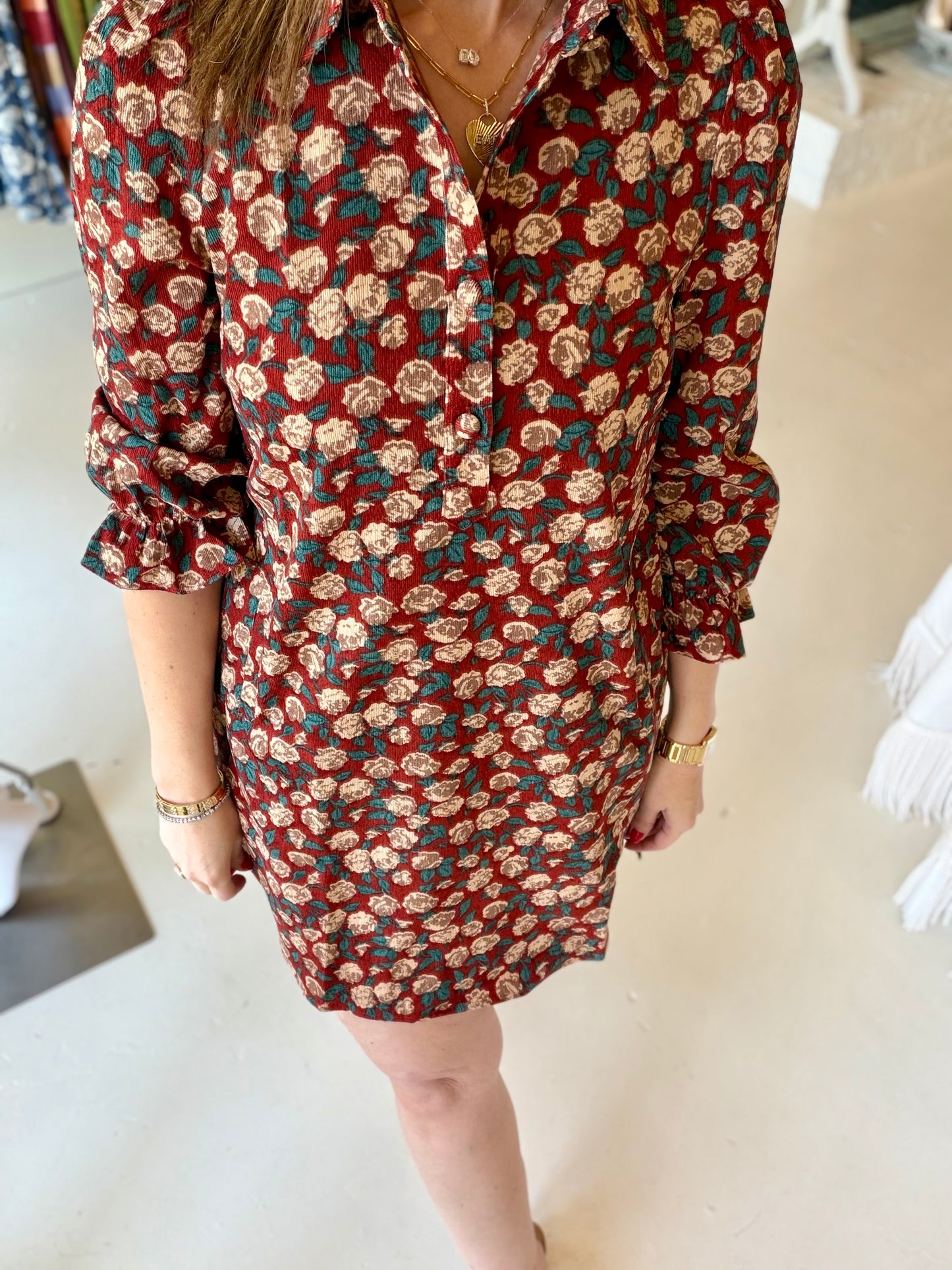 Joy Joy Placket Collar Dress - Brick Bloom