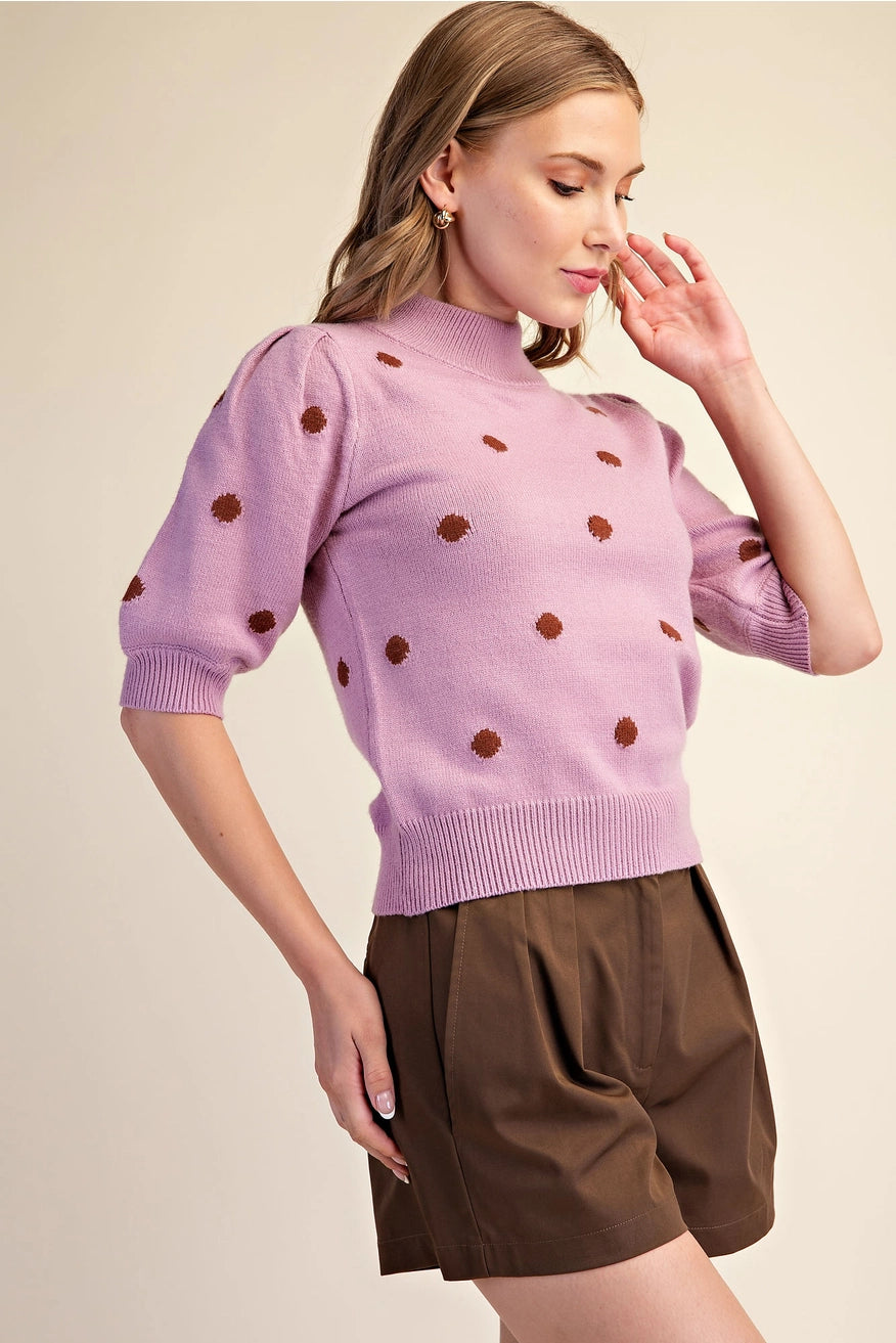 Polka Dot Mock Neck Sweater - Dusty Pink