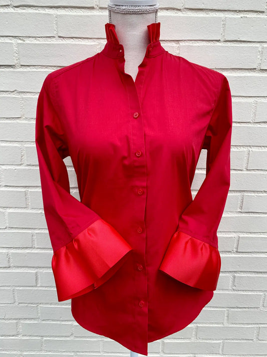 Pearly Vine Poplin Ribbon Trim 3/4 Sleeve - Red