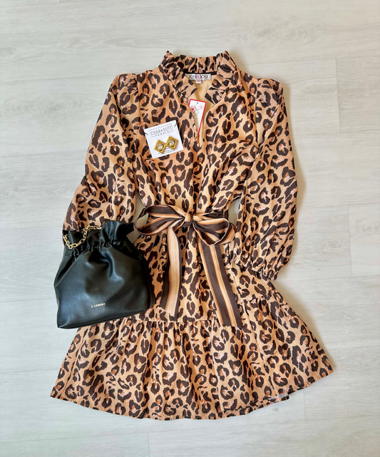 Joy Joy Split Neck Flounce Dress - Brown Leopard