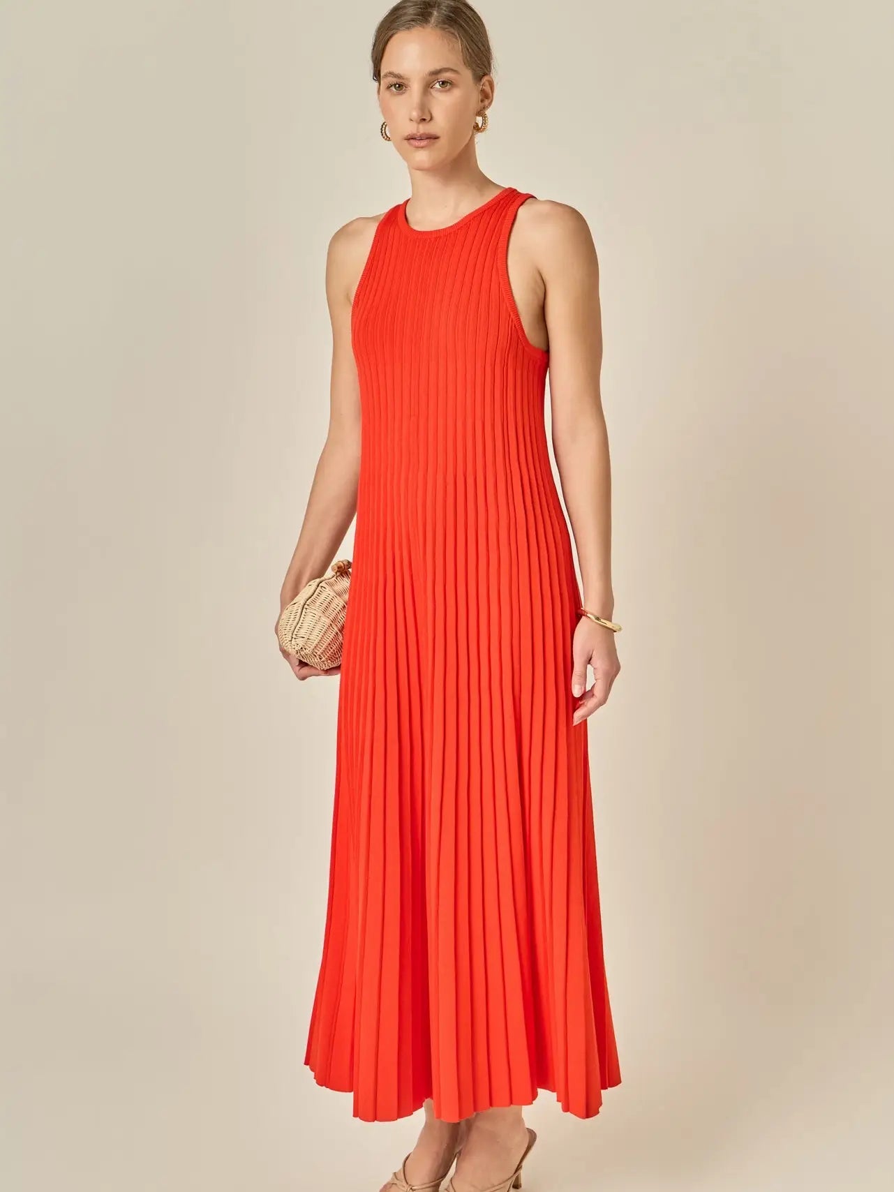 English Factory Pleated A-Line Knit Midi Dress - Orange