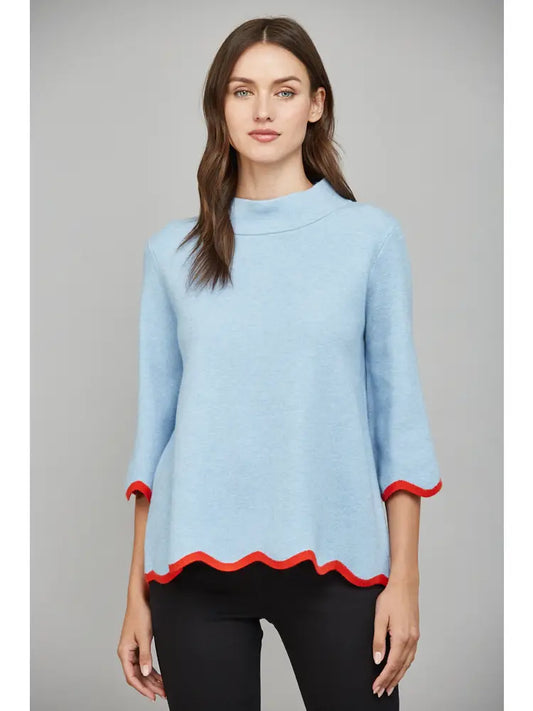 EAB Favorites Scallop Edge Mock Neck Sweater - Blue & Red