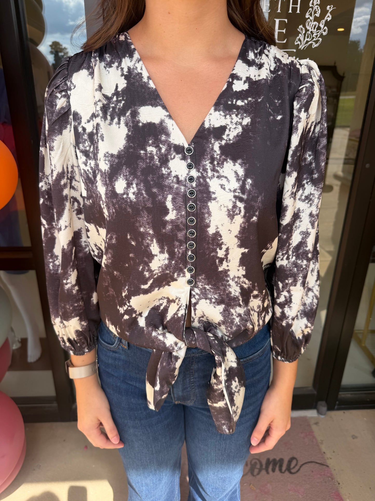 JoyJoy Tie Front Top - Marbled