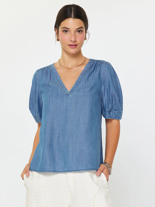 Chambray V-Neck Short Sleeve Blouse