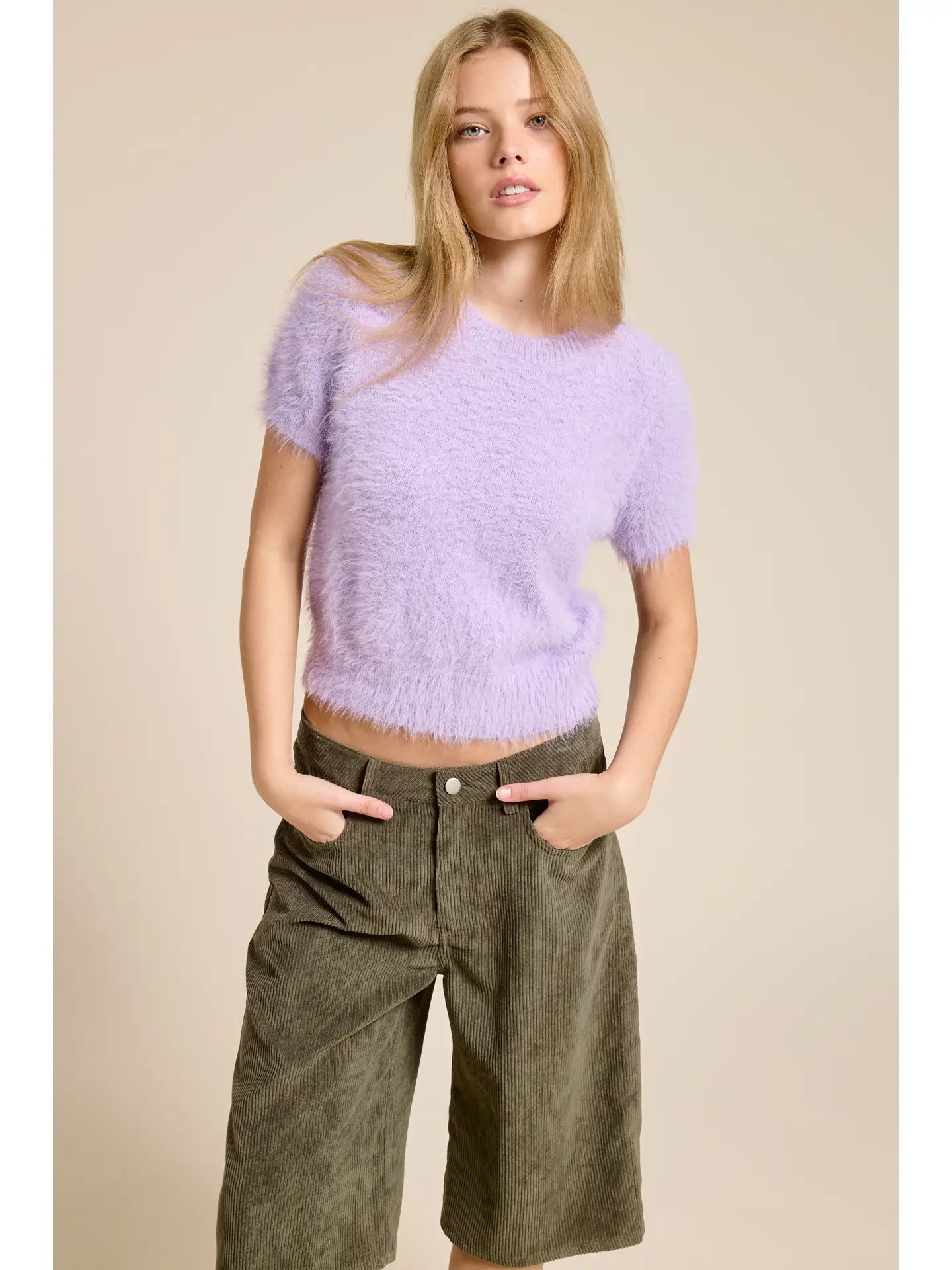 Purple Fuzzy Knit Cropped Sweater Lilac