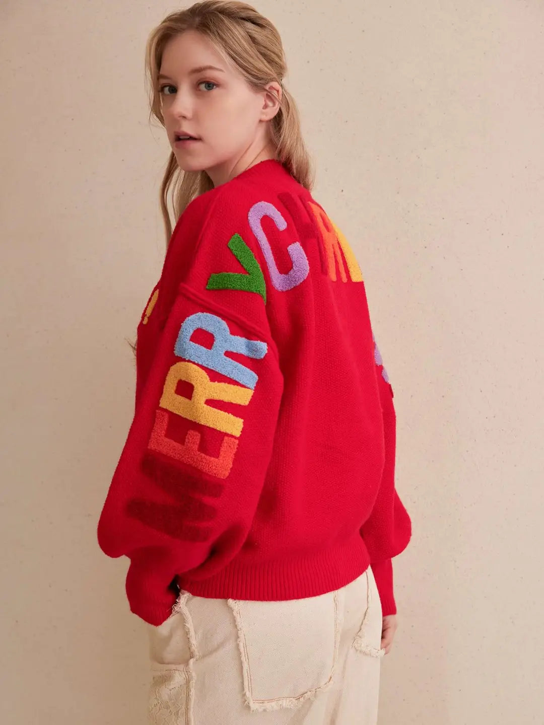 Oversized Christmas Sweater with Lettering - Red