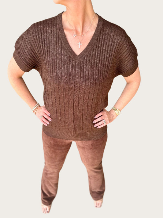 Esqualo Wide V-Neck Lurex Sweater Chocolate