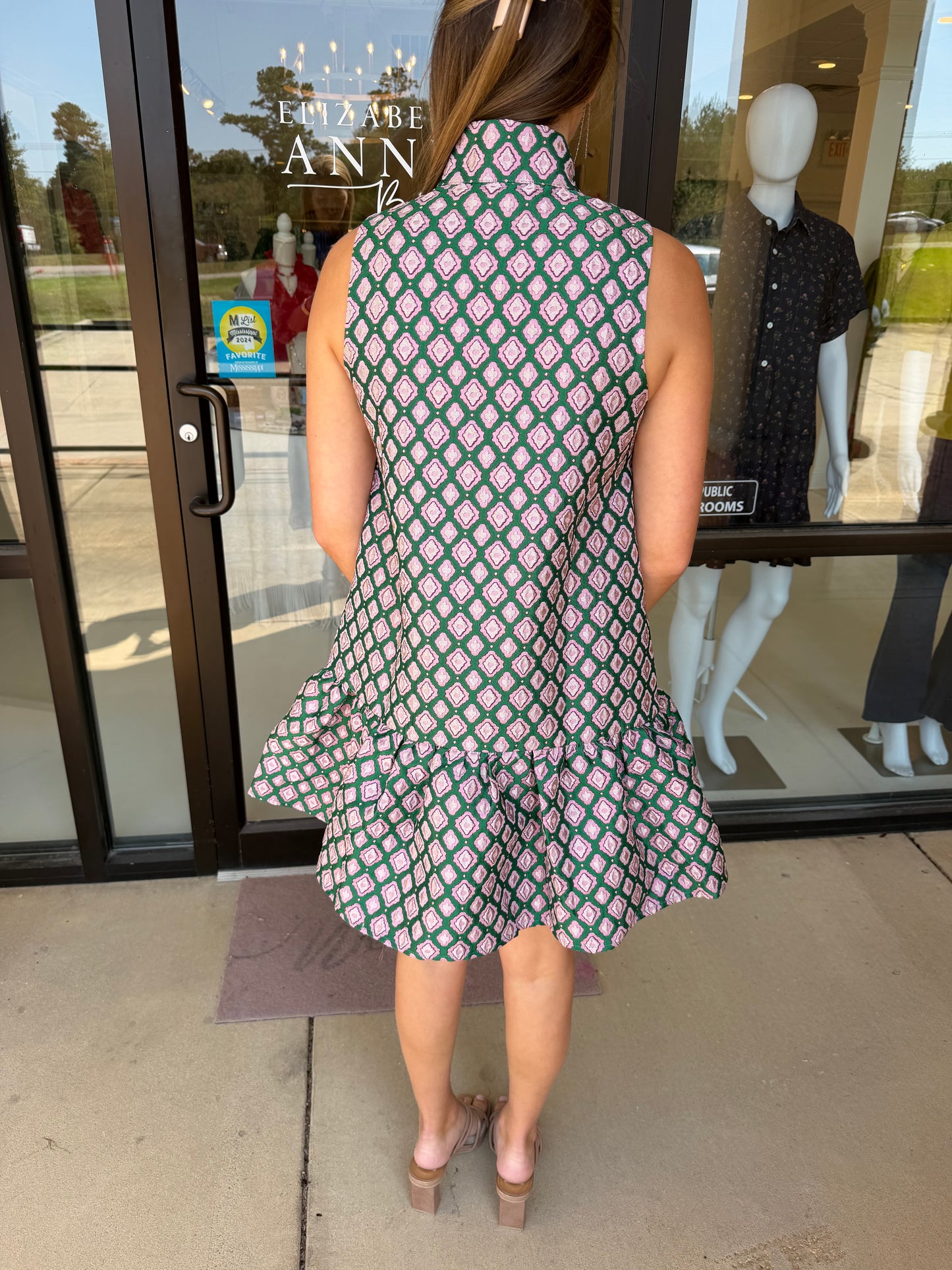 Joy Joy High Neck Trim Dress - Pink Trellis