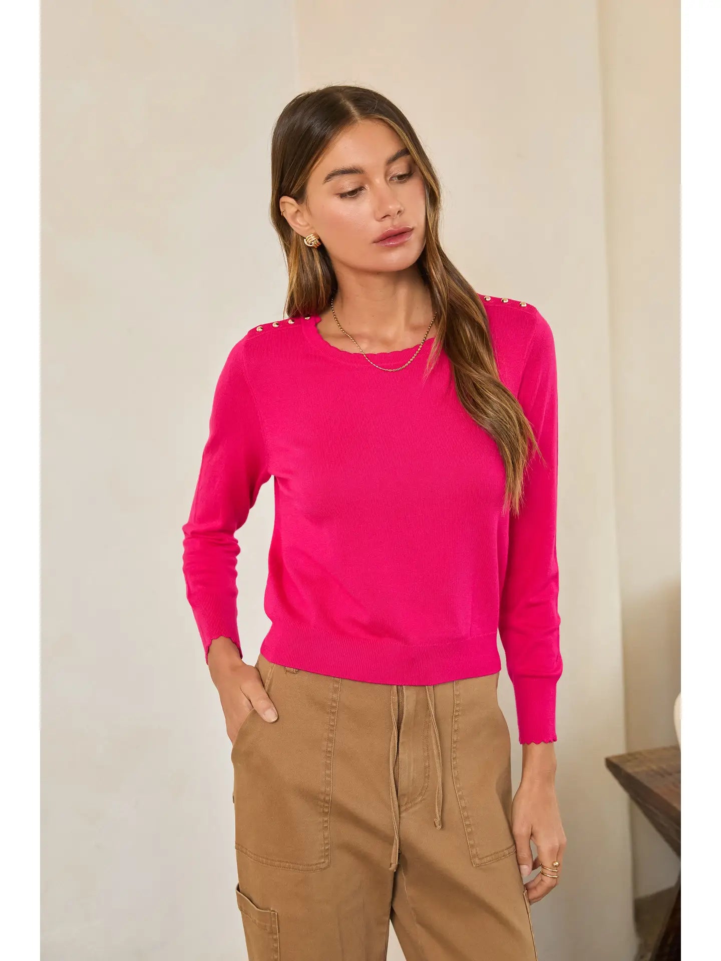 Gold-Button Scalloped Crewneck Knit Sweater - Fuchsia