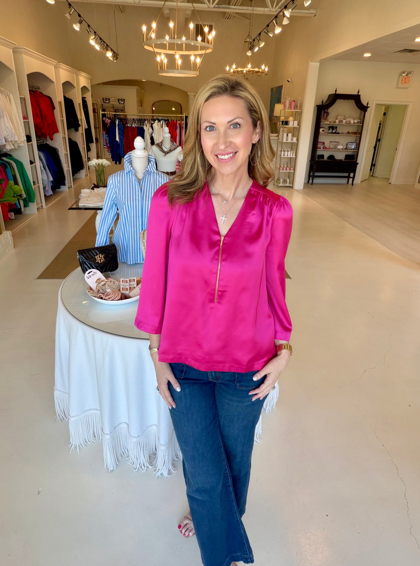 Jade V-Neck Zipper Blouse - Berry