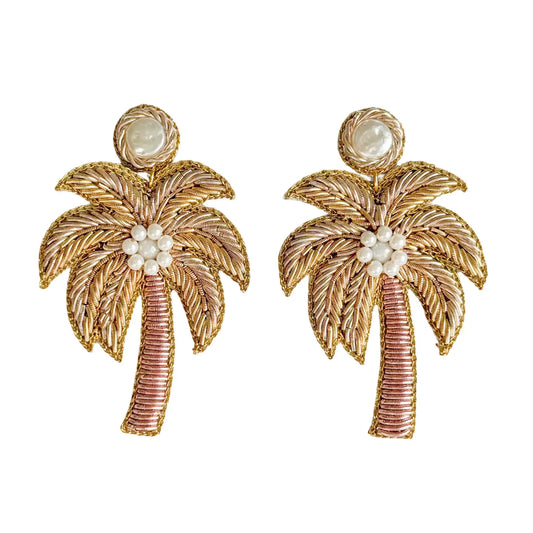 Gold Palm Tree Beaded Earrings