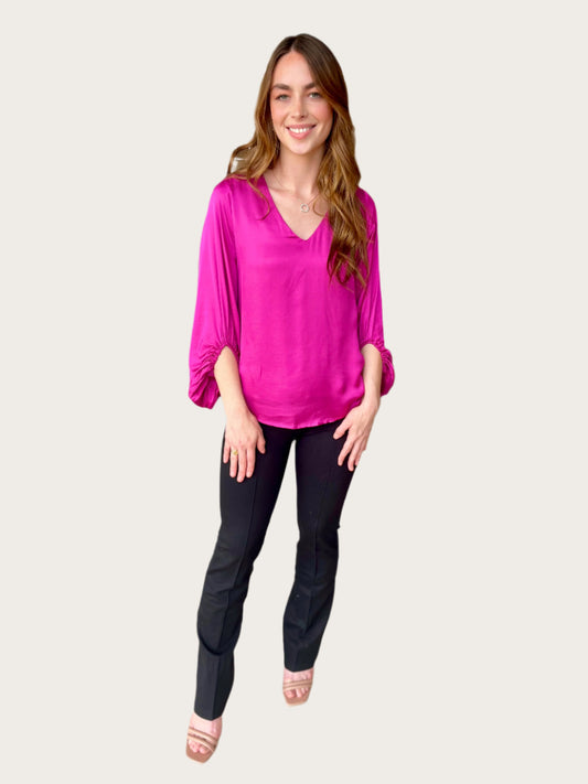 Esqualo Satin V-Neck Blouse- Fuchsia